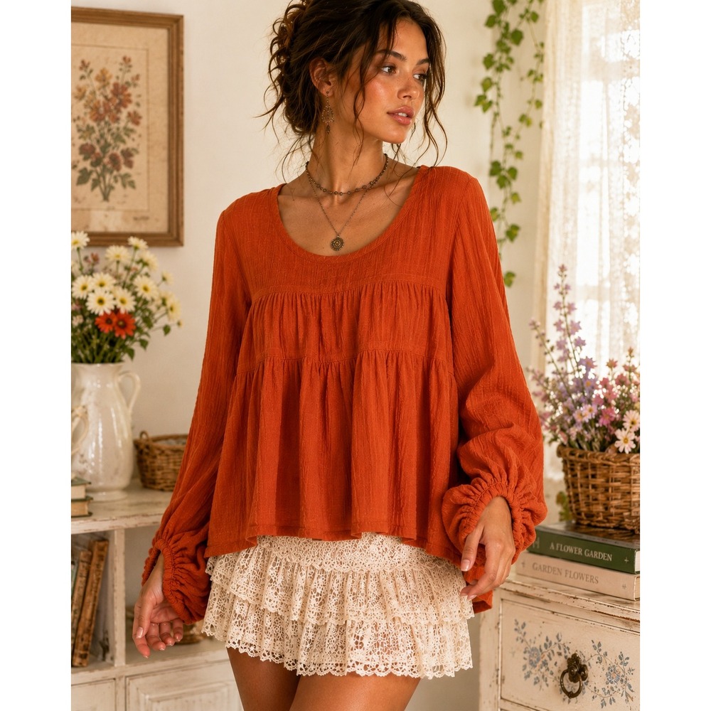 Burnt Orange Cotton Gauze Peasant Blouse Boho Balloon Sleeve XS Max Studio